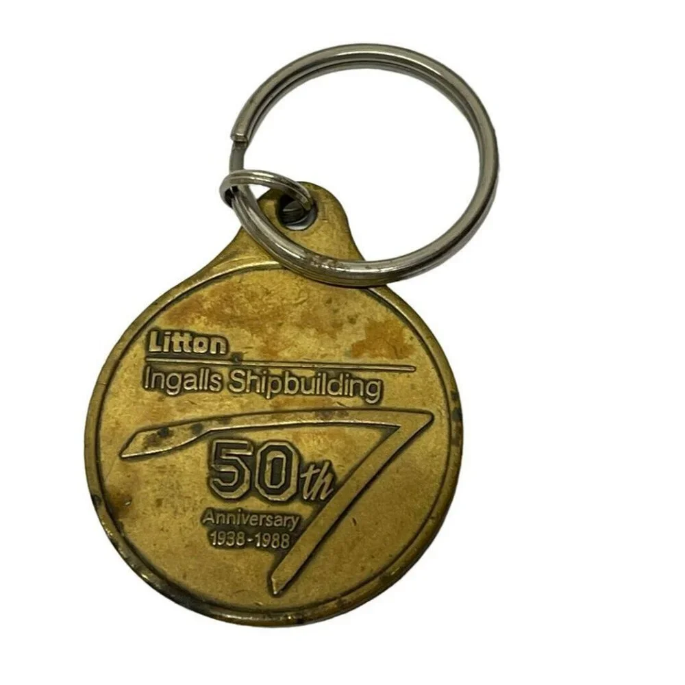 Litton Ingalls Ship building 50th Anniversary 1938-88 brass key ring aircraft ca